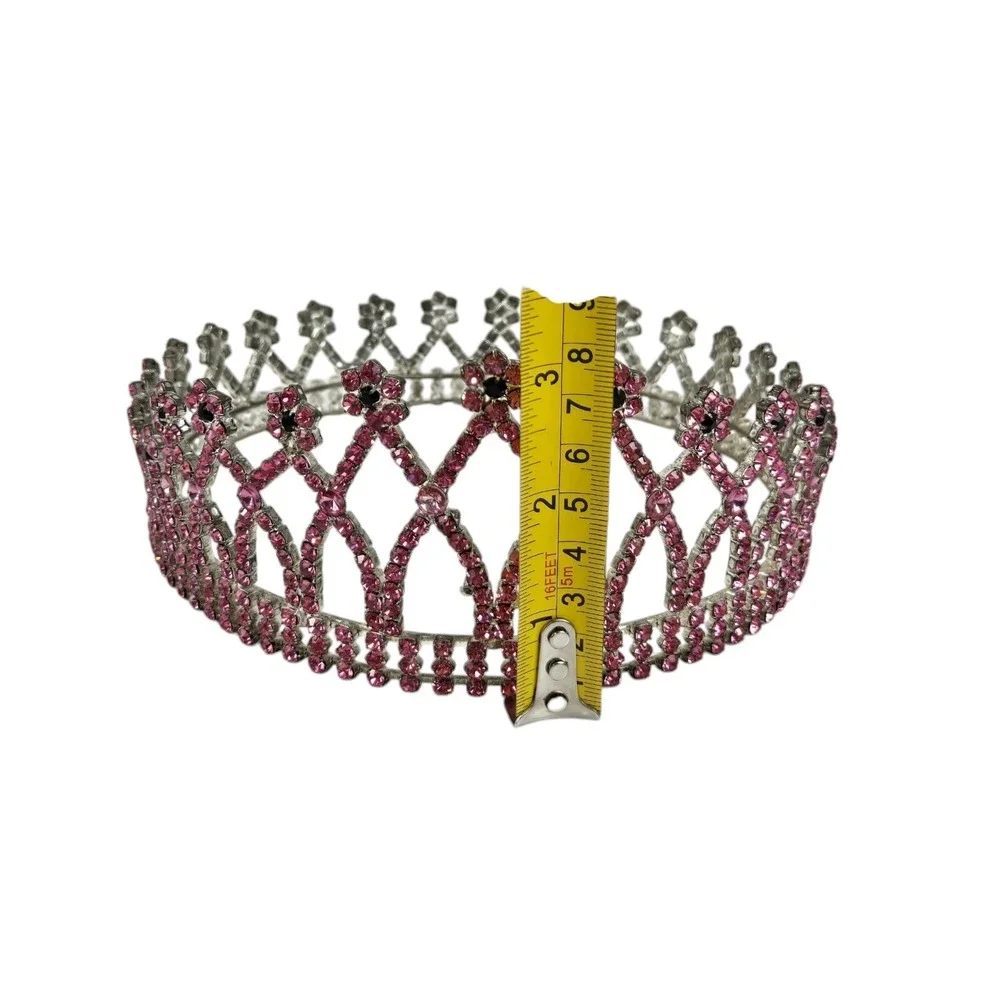 VTG Pink Black Rhinestone Crown Bridal Pageant Princess Cosplay 4 Prong Holders